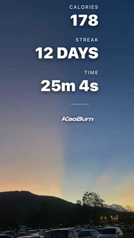 การ์ดแชร์รายวันแบบภาพเต็มจอ ท้องฟ้ายามเย็น เผาผลาญ 178 แคลอรี่ ติดต่อกัน 12 วัน เวลา 25 นาที 4 วินาที