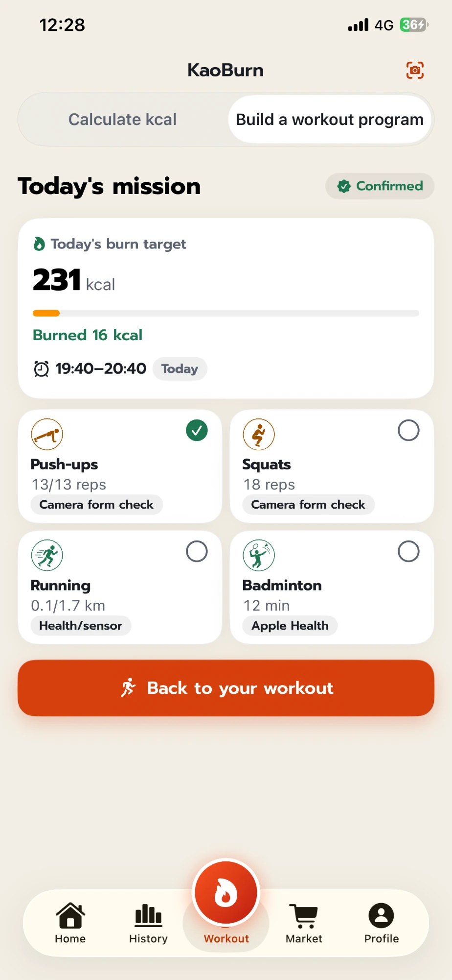 KaoBurn today's mission screen: 231 kcal burn goal, 13/13 push-ups checked by camera, 18 squats, a 1.7 km run via Health/sensor and 12 min badminton via Apple Health